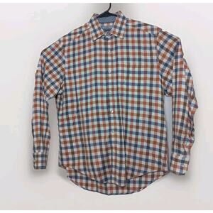 Johnston & Murphy Dress Shirt Tailored Blue Orange Plaid Cotton Button Up Size M